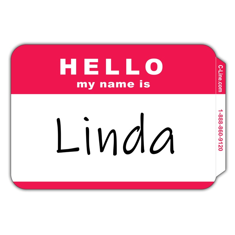 C-Line Pressure Sensitive Peel and Stick Badges, Hello My Name Is, Red, 3.5 x 2.25 Inches, 100 per Box (92234)